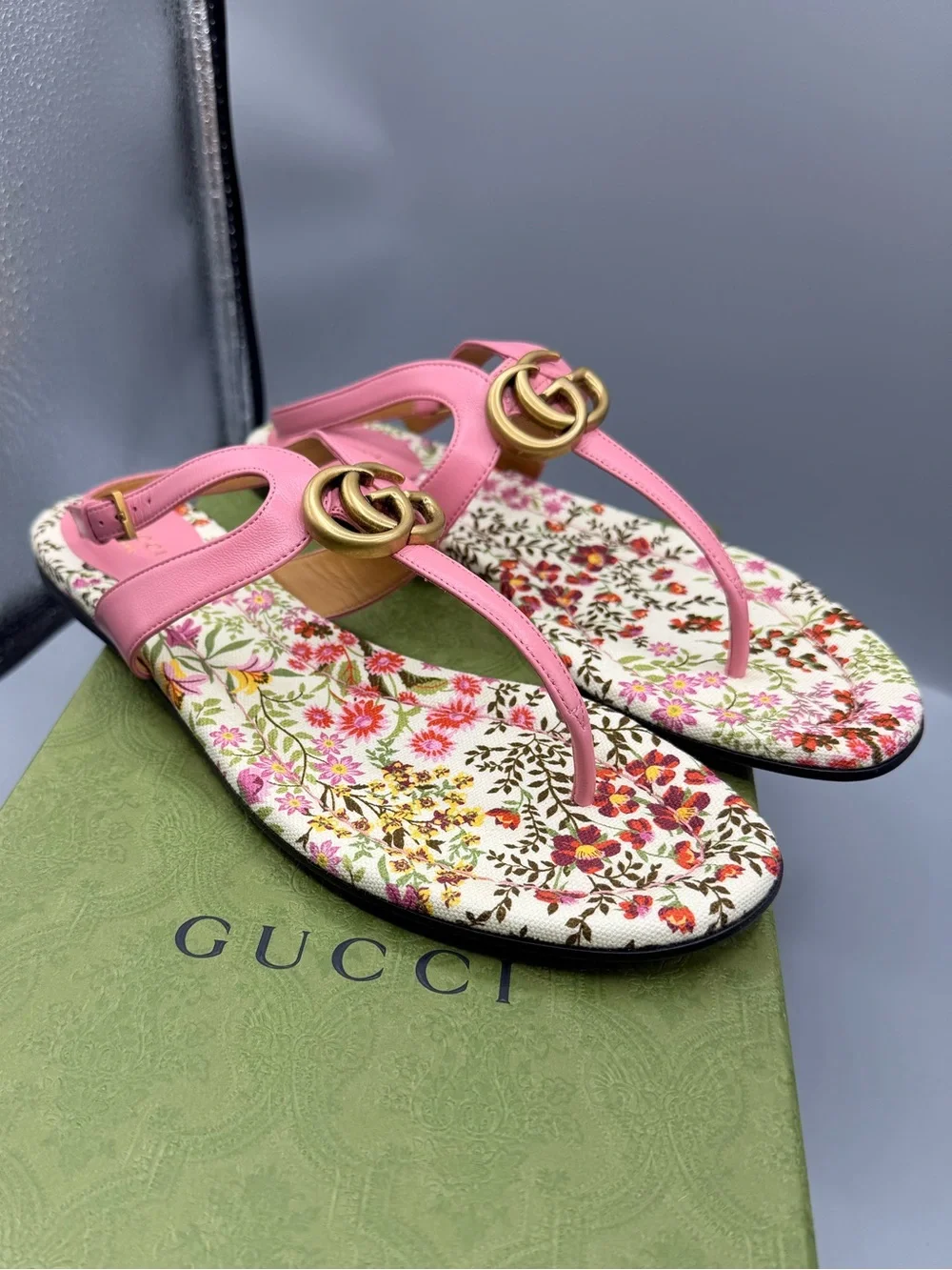 Gucci Pink Floral GG Thong Sandals